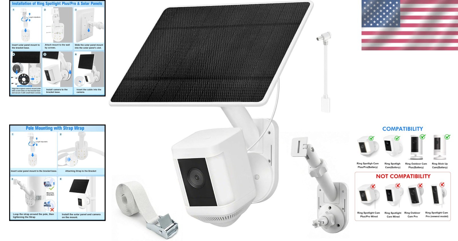 Solar Panel for Ring Camera Spotlight Cam Plus/Pro(Battery) & Stick Up Cam/Pro B