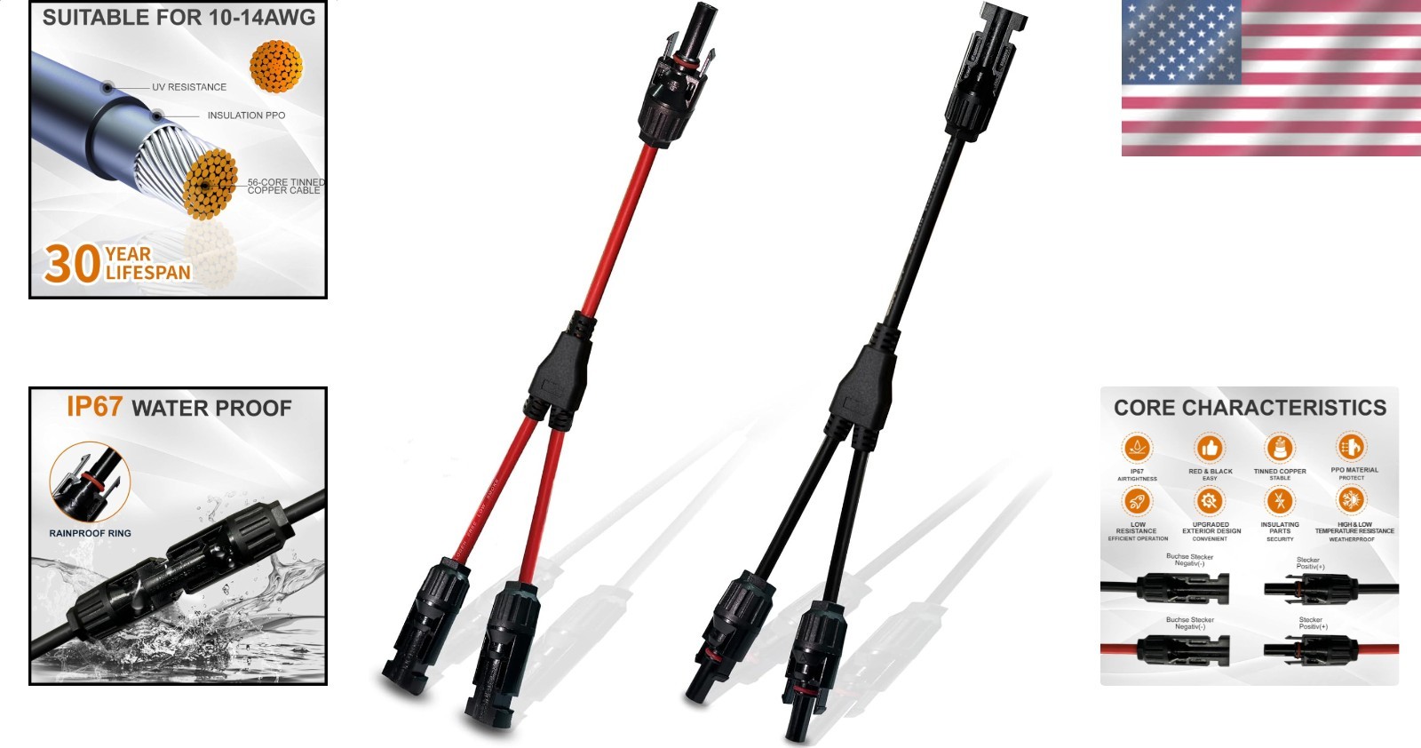 Solar Panel Y Branch Connectors, Upgraded MC4 Adapter Cable, 1 Pair Wire Plug…