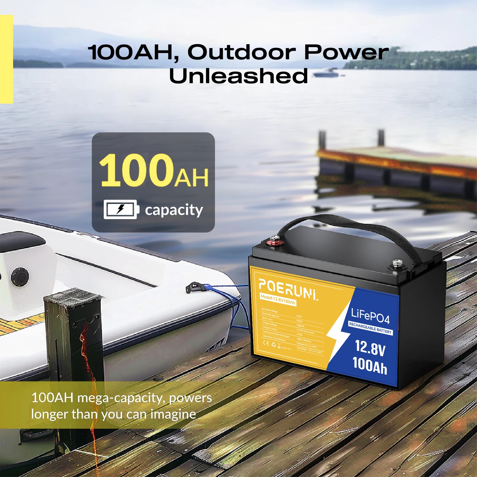 POERUNI 12V 100Ah LiFePO4 Lithium Battery Deep Cycle BMS 100Ah for Solar Marine