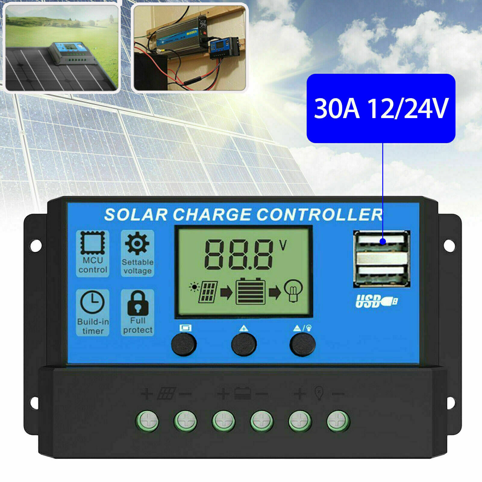 22W Solar Panel Kit 12V Trickle Charger Battery Charger Maintainer Boat RV Car