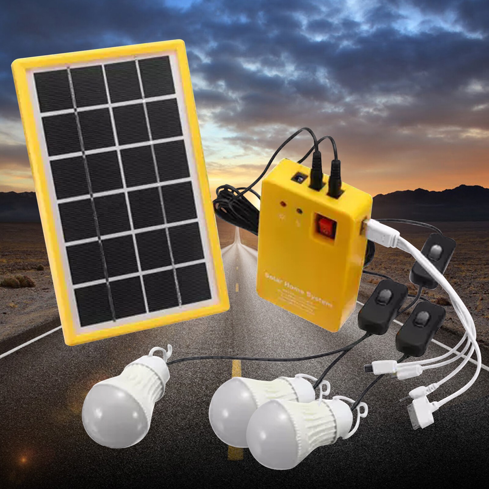Portable Solar Light Kit 5V Usb 3 Led Bulbs Home Emergency Power System