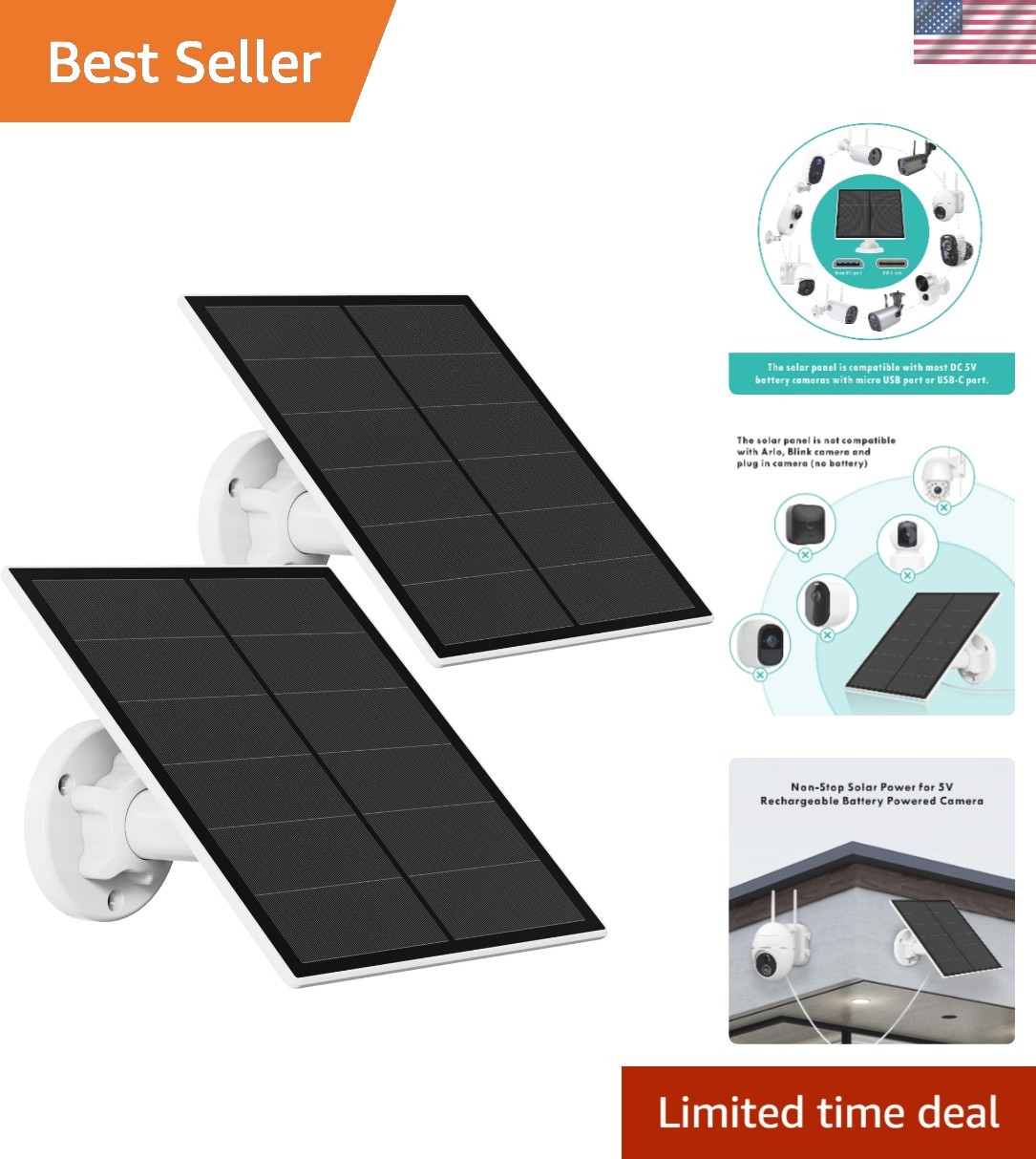 Solar Panel for Security Camera, 5W USB Solar Panel Compatible with Rechargea…