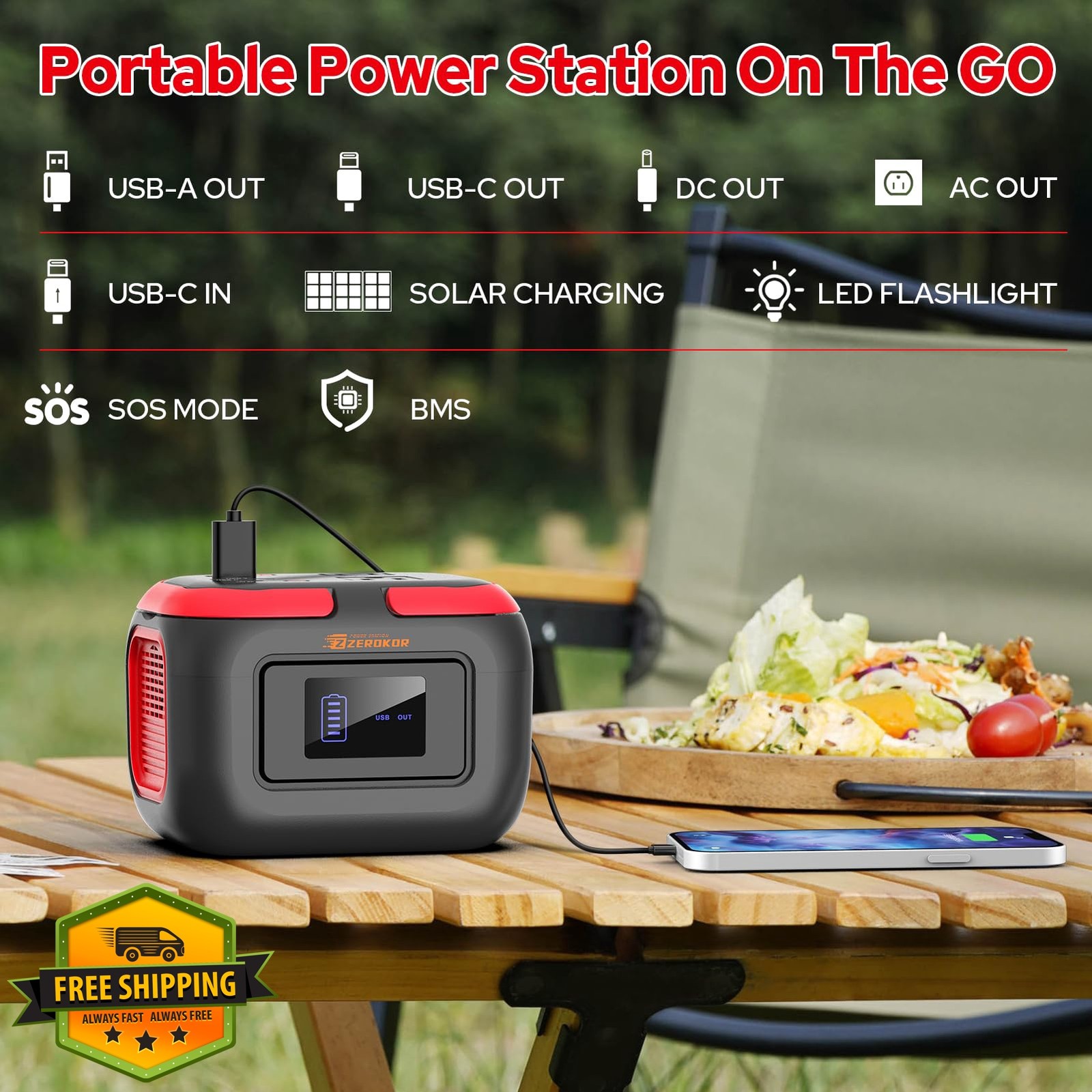 ZeroKor Portable Power Station 120W Grey Red