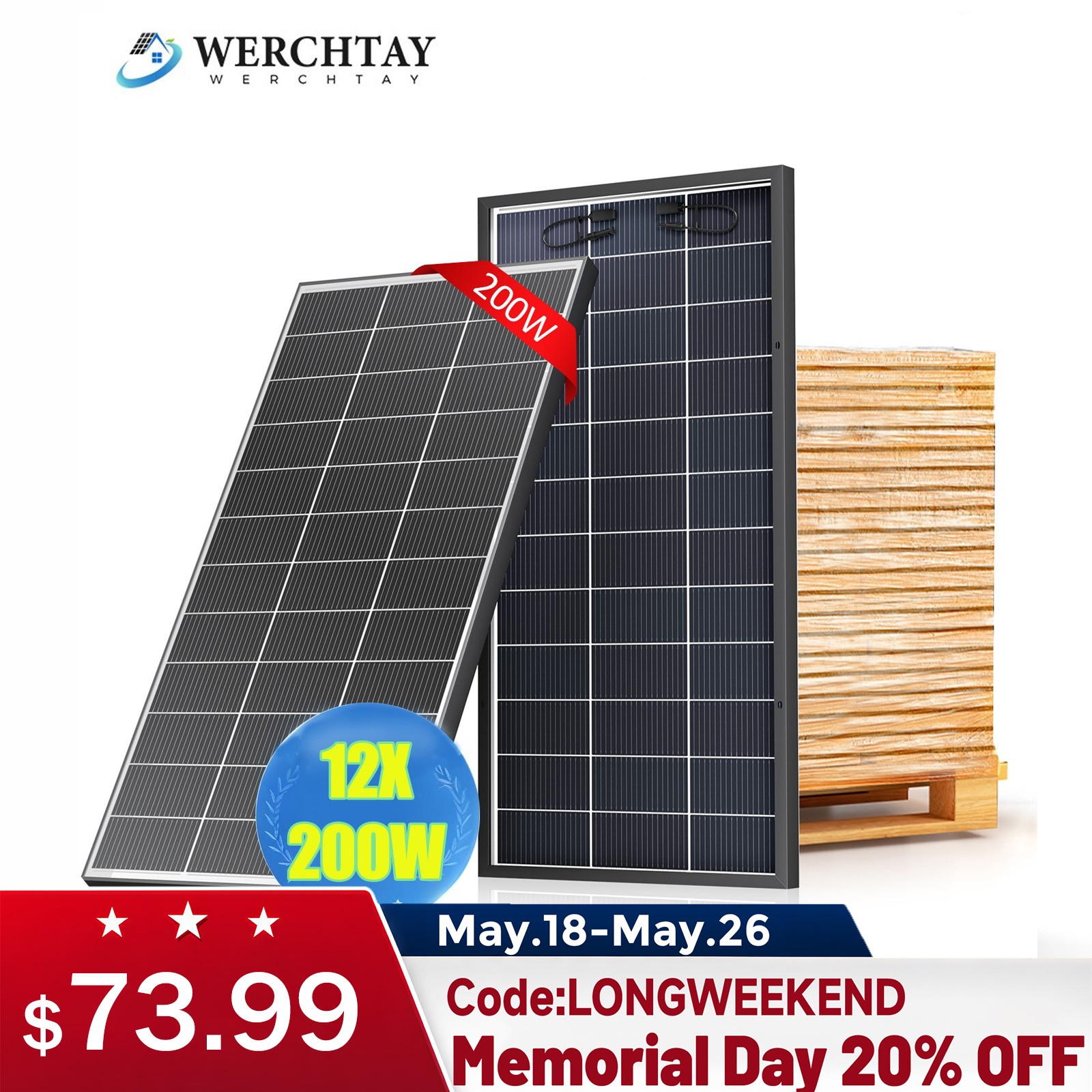 12Pack 200W Watt N-Type Bifacial Solar Panel RV Power Off-Grid + Free shipping
