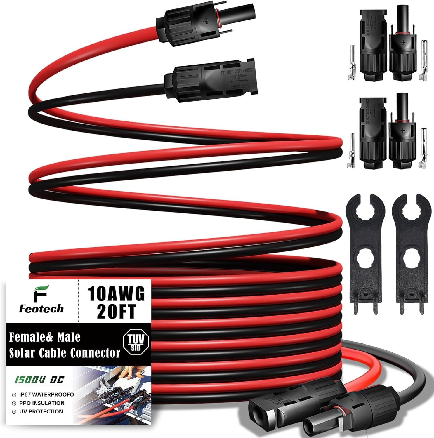 Cable solar 10AWG doble 20FT, conectores IP67 para paneles solares RV y marinos.