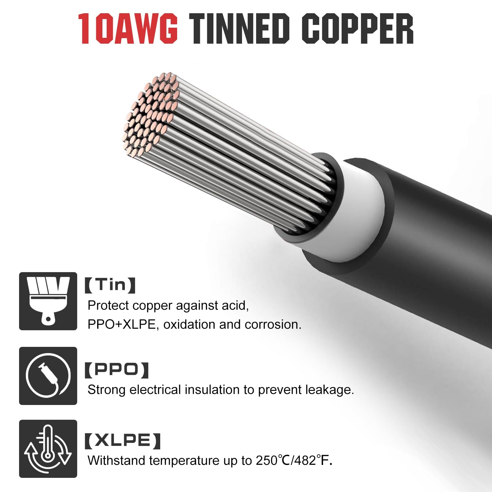 20FT 10AWG Solar Extension Cable 30A/1000V DC, IP67 Waterproof with Compatibl…