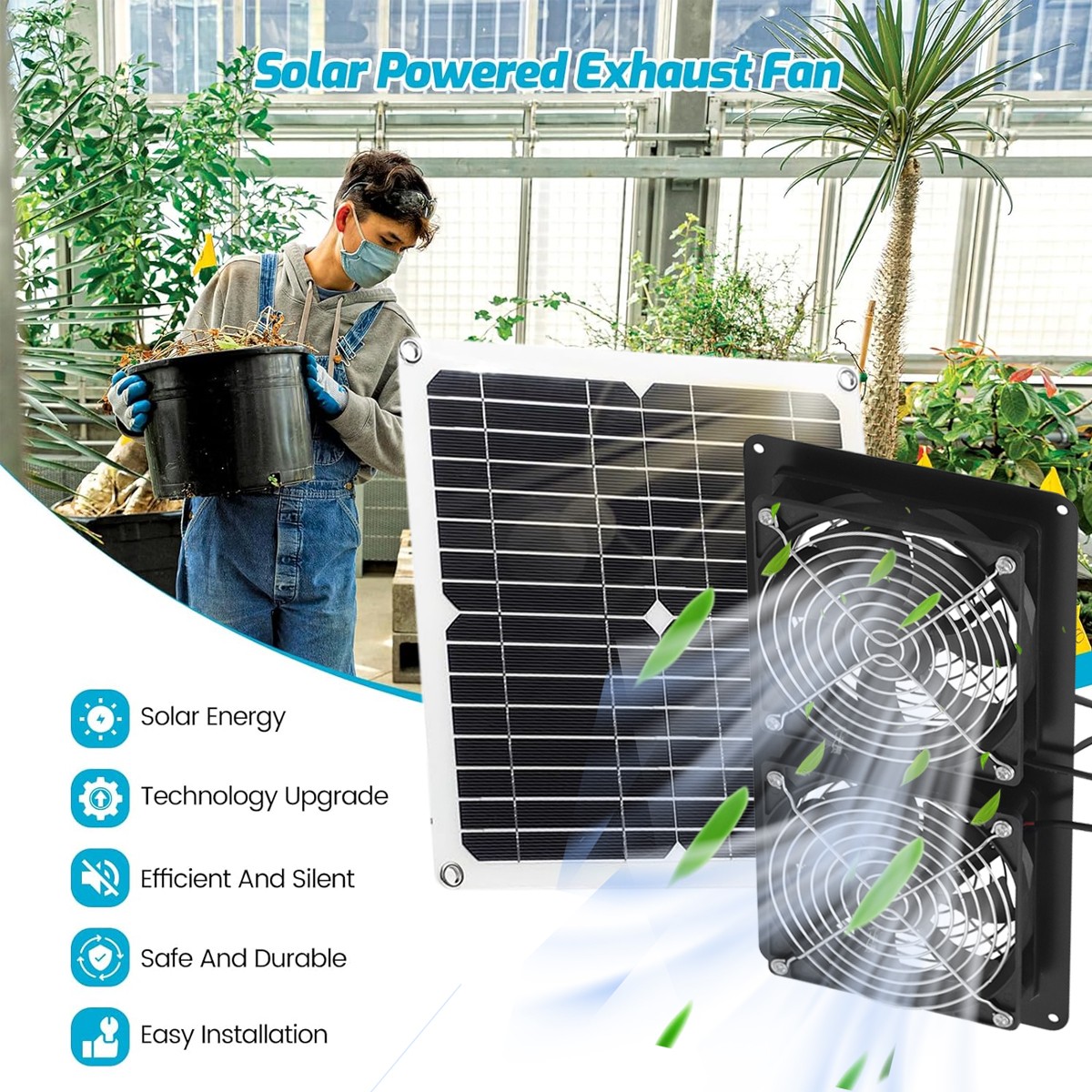 Solar Powered Dual Exhaust Fan Solar Panel Fan 15W For Greenhouse Shed Attic