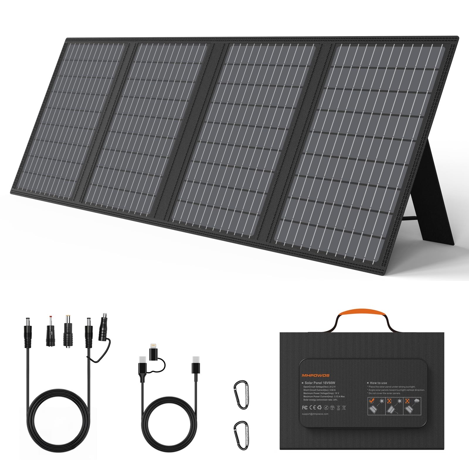 60W Portable Solar Panels Charger with USB-C, USB-A and DC Outputs Foldable I…