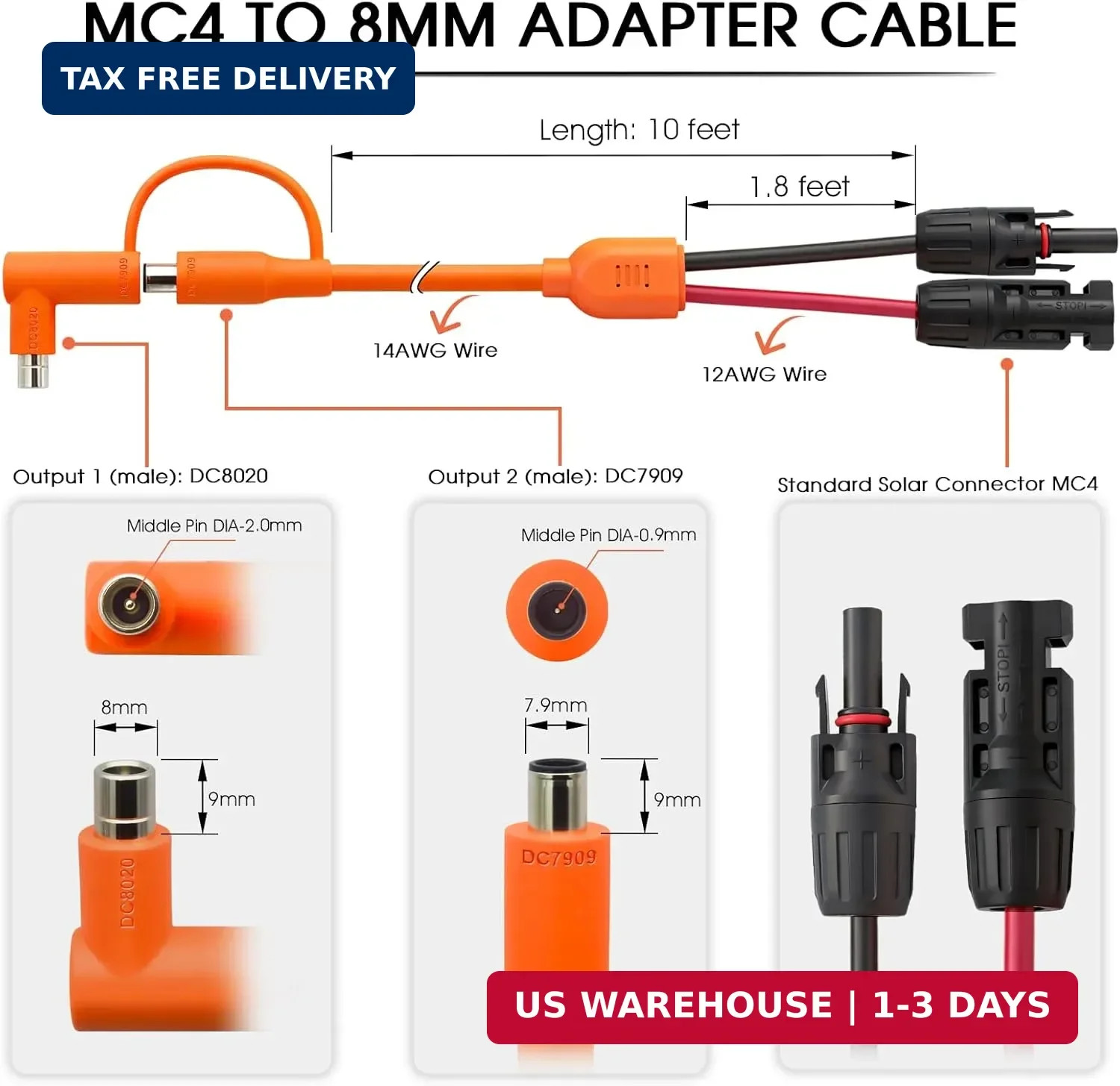 10FT MC4 to 8mm Adapter Cable for Jackery | Universal Solar Panel Connector and