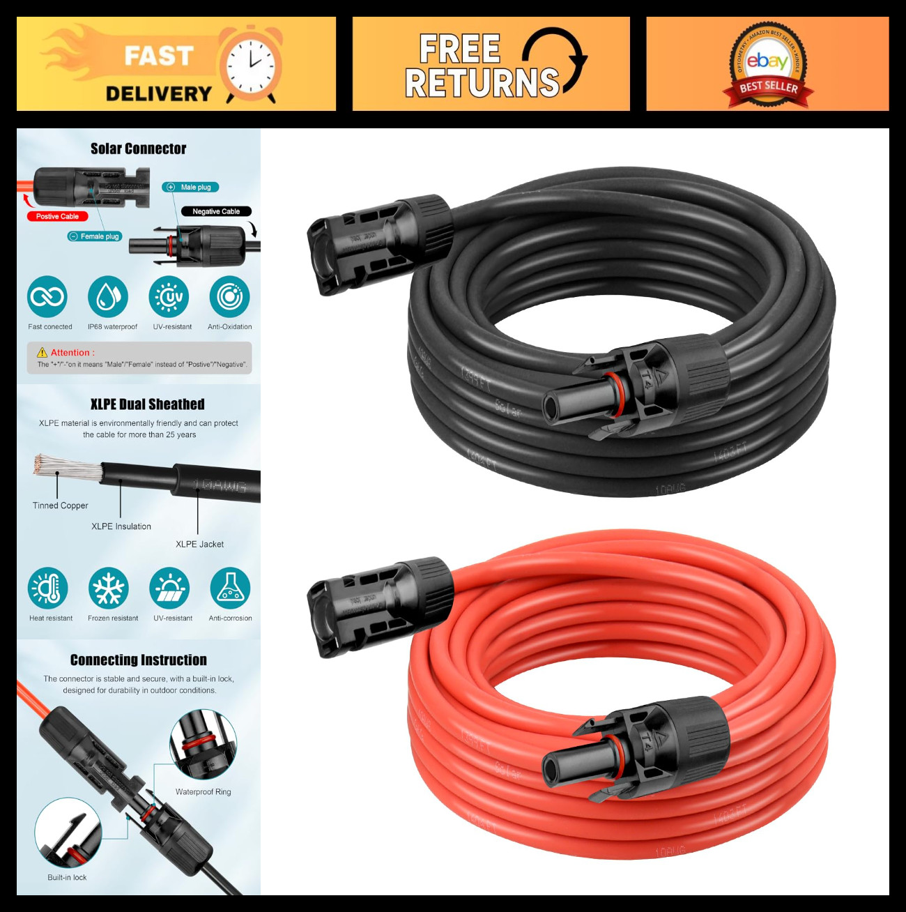 10 AWG Solar Extension Cable 40FT (20FT Black + 20FT Red) – Tinned Copper Wire f