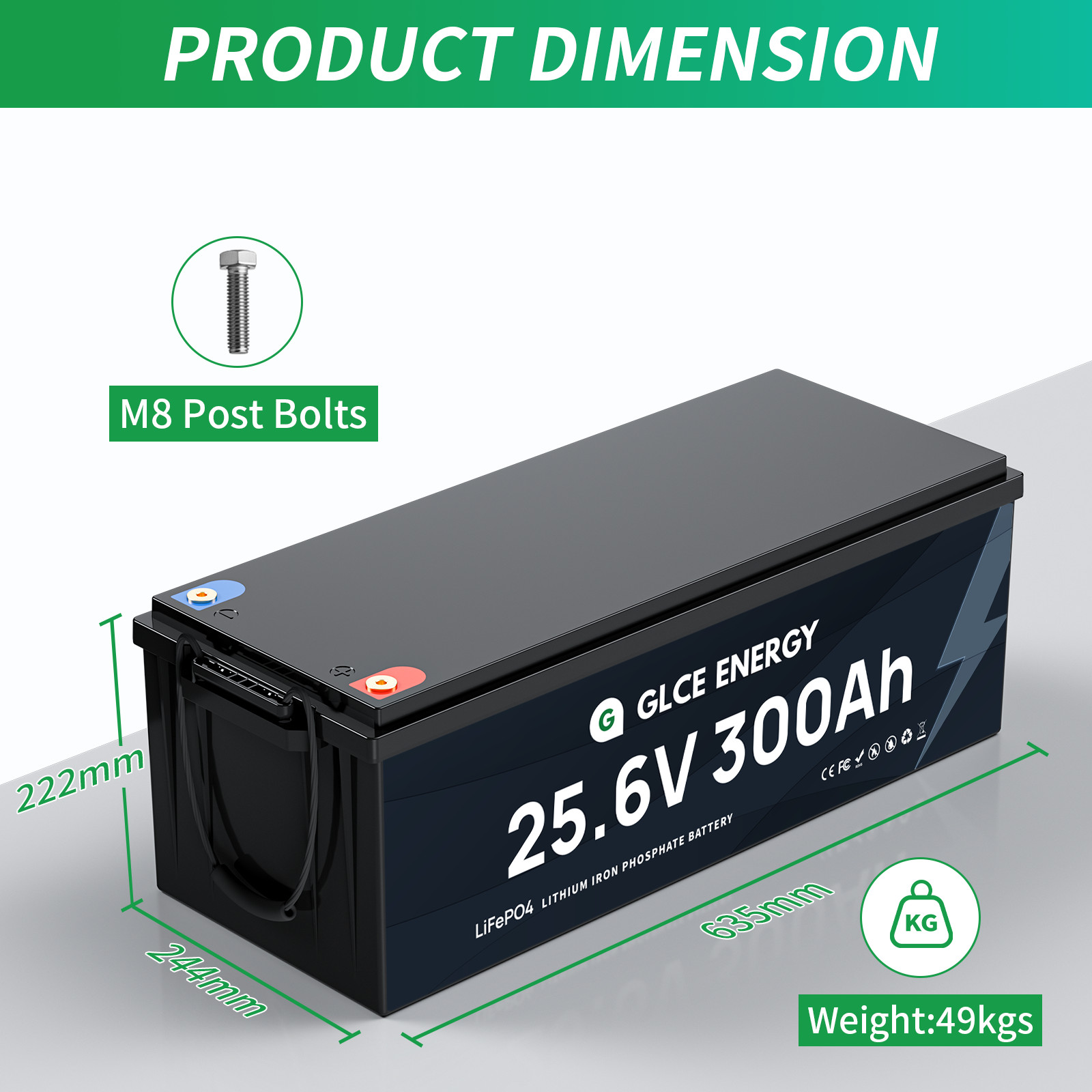24V 300Ah Bluetooth LiFePO4 Battery 7.68kWh Deep Cycle Lithium Solar RV Marine