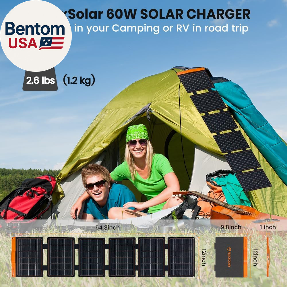 60W Portable Solar Panels Chargers with PD3.0 USB-C,QC3.0 USB-A and DC Outputs F