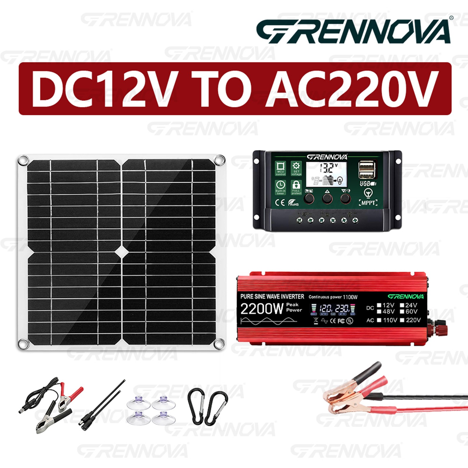 Grennova 2200W Real Power Solar Kit Pure Sine 60A MPPT RV Farm Home