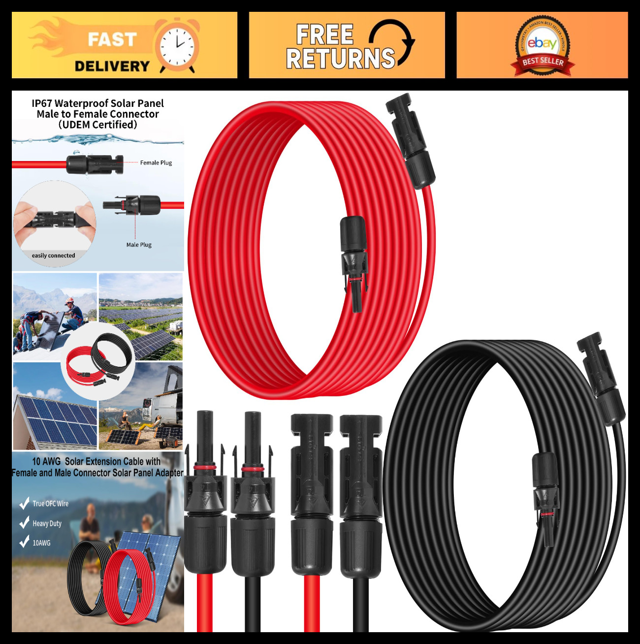30FT 10AWG Solar Panel Extension Cable – Heavy Duty, Weather Resistant, Solar Co