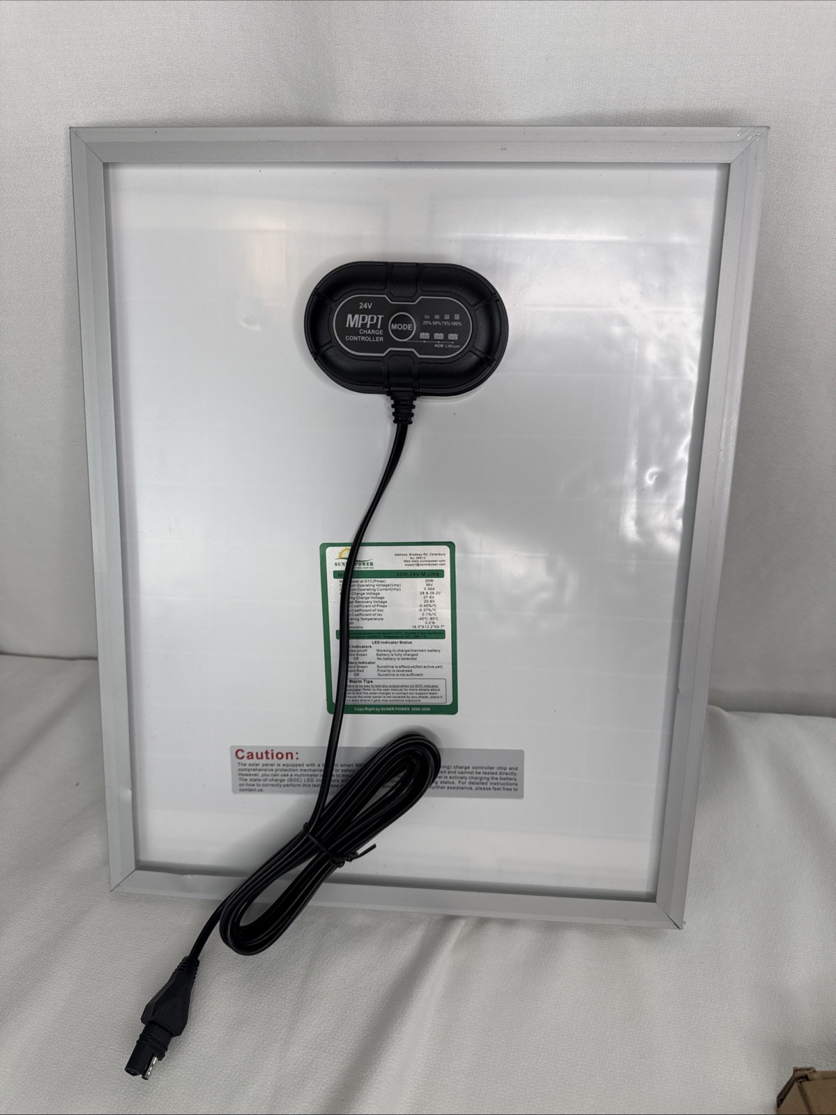 SUNER POWER 20W 24V Ultra Solar Battery Trickle Charger & Maintainer, New!