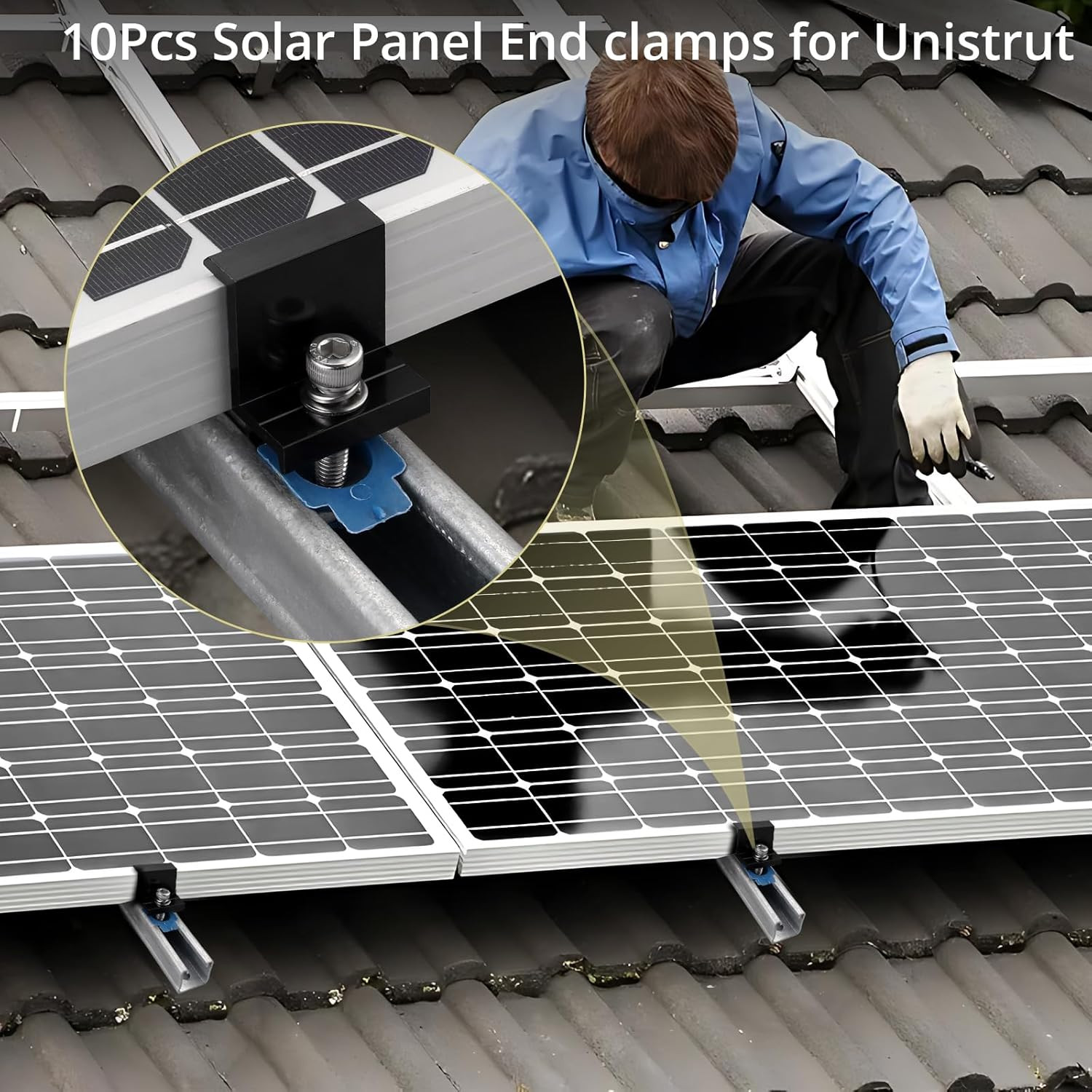10-Pack Solar Panel End Clamps for Unistrut, Aluminum Mounting Kit, Black