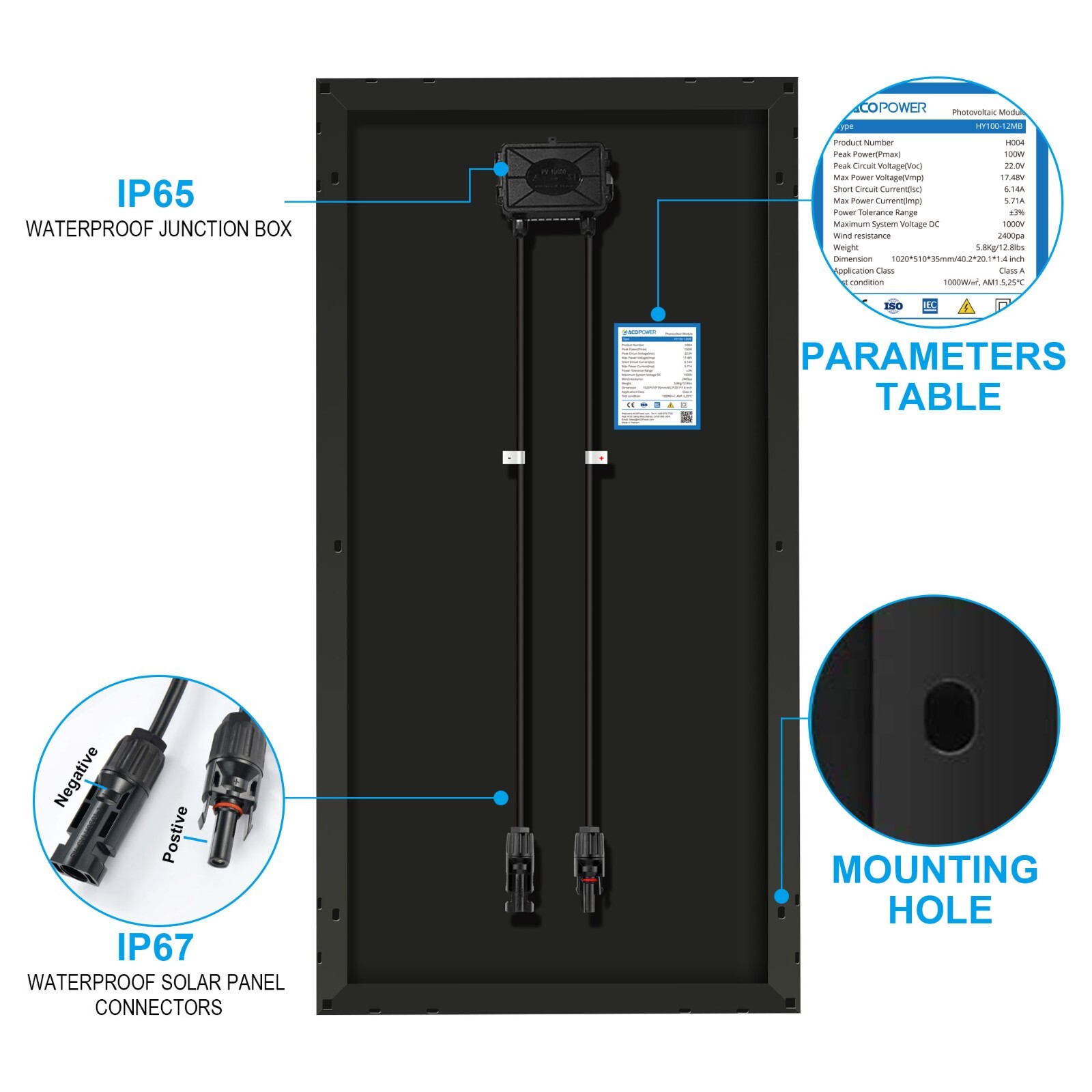 ACOPOWER 100w 12v Mono Photovoltaic PV Solar Panel Module With Solar Connectors
