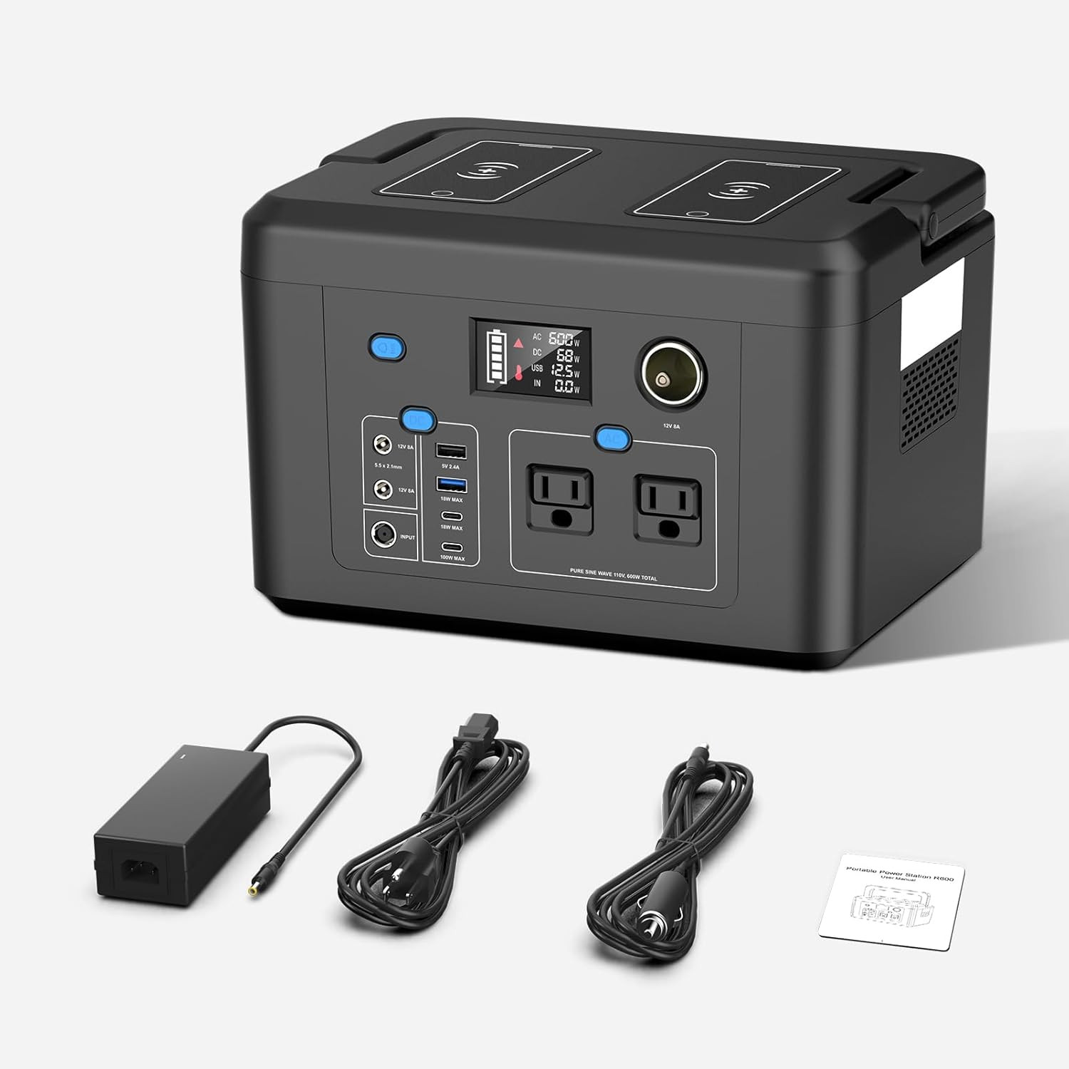 Portable Power Station 600W, 296Wh Battery Backup with 2 Pure Sine Wave AC Outl