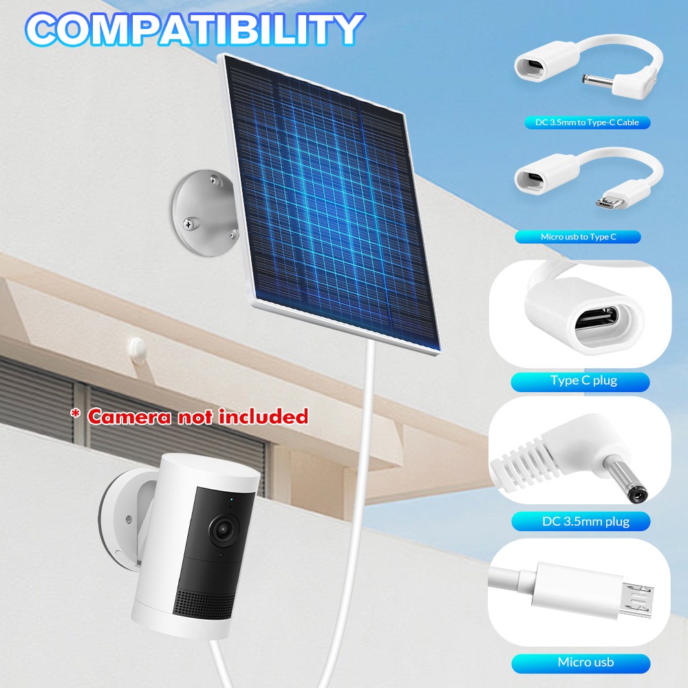 Waterproof Solar Panel Kit 5W 5V W/ Stand For Spotlight Camera Doorbell Charger
