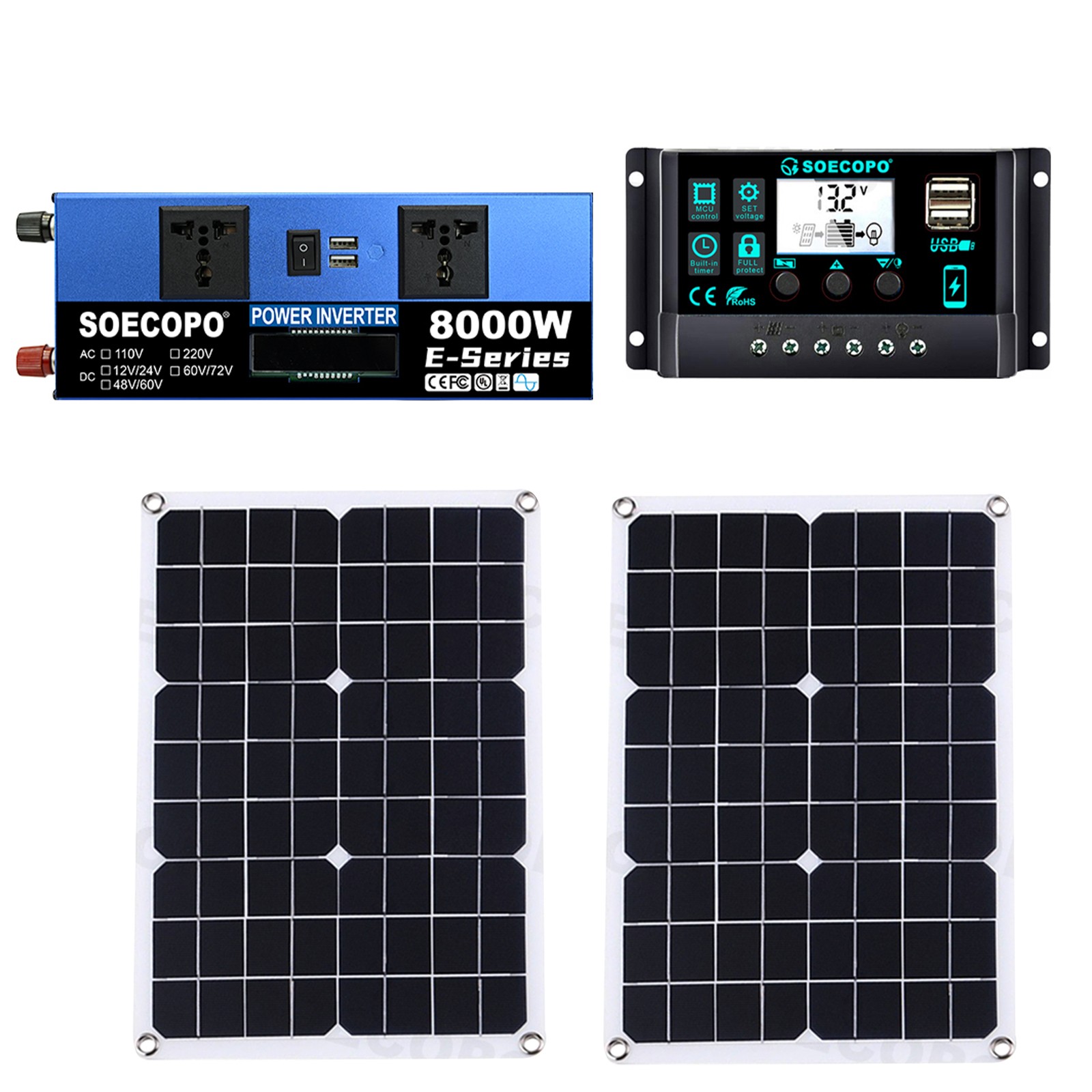 8000W Off-Grid Solar (12V/24V to 110V/220V) 2pcs Solar Panels,Charge Controlled1
