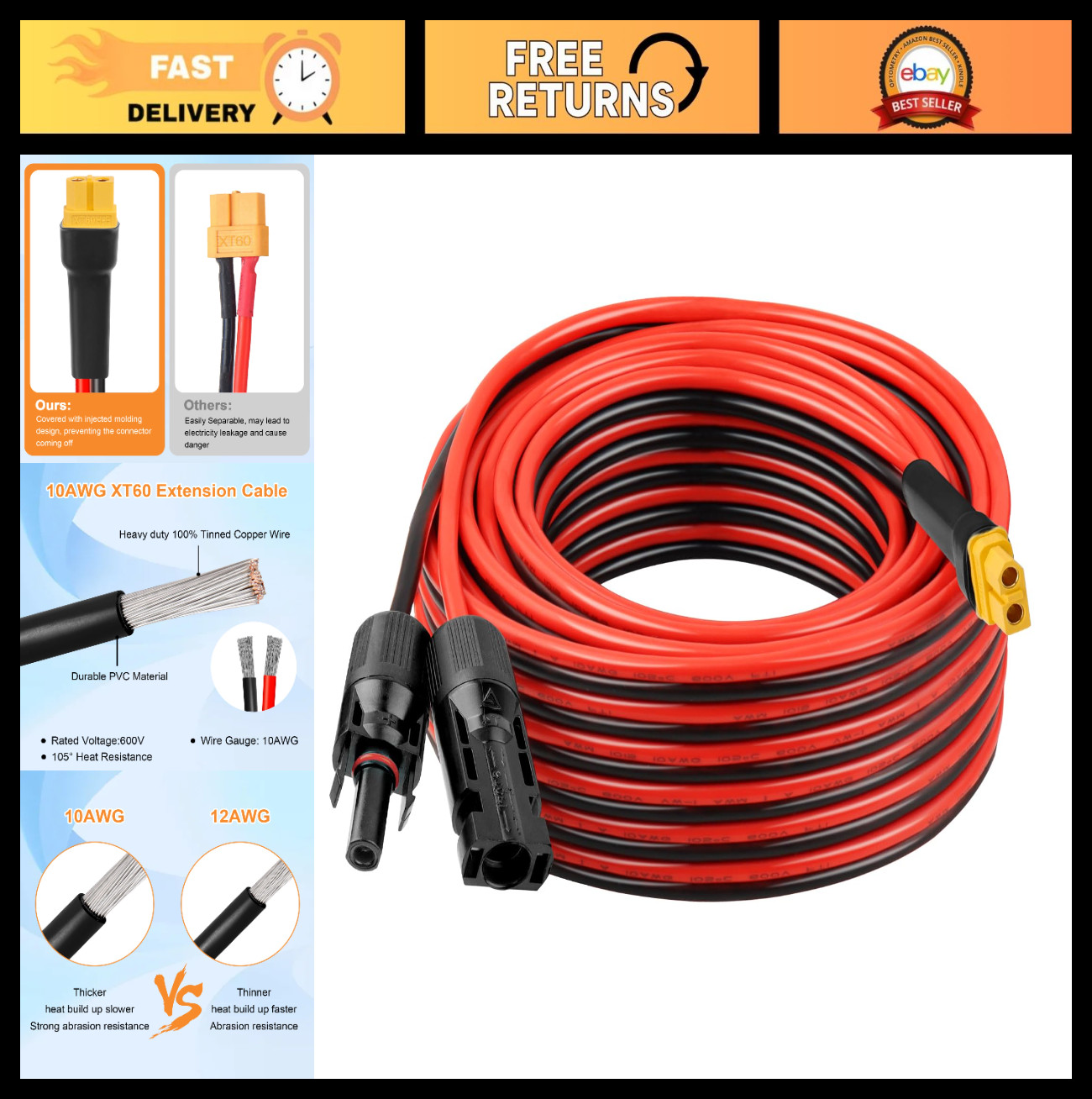 35FT 10AWG XT60 Solar Extension Cable – Male to Female Adapter for Power Station