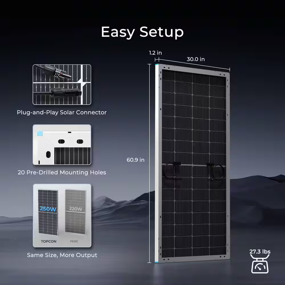 Bifacial 250-Watt 12 Volt Monocrystalline Solar Panel N-Type 16BB Double-Side 25