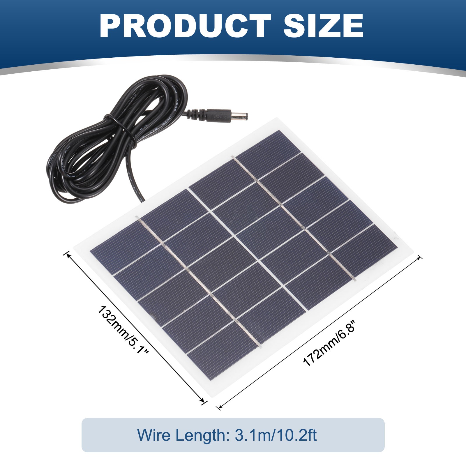5V 3W 0.6A Mini Solar Panels, 3.1m Wire DC Connector Polycrystalline Solar Cell