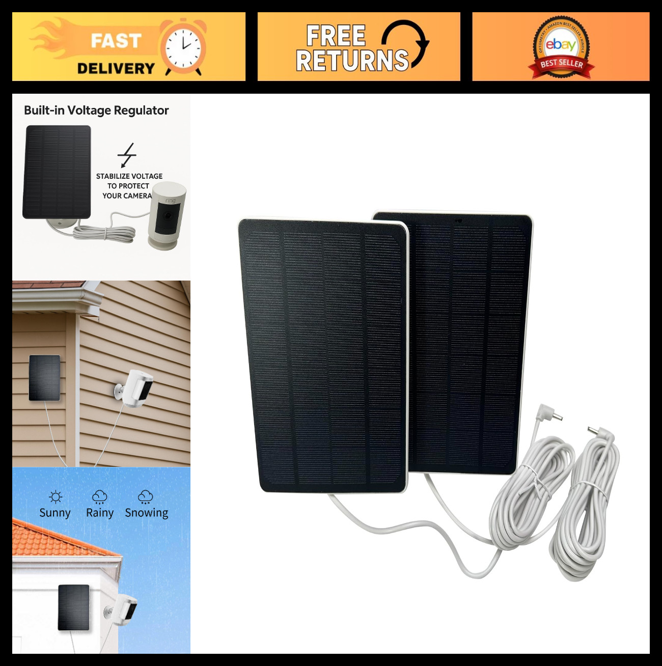 3W Solar Panel Charger for Ring Cameras – 10FT DC Plug & USB-C Adapter, 2 Pack