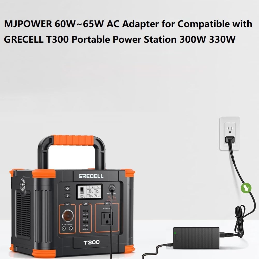 65W AC/DC Adapter with GRECELL T300 Portable Power Station 300W (Peak 600W), …