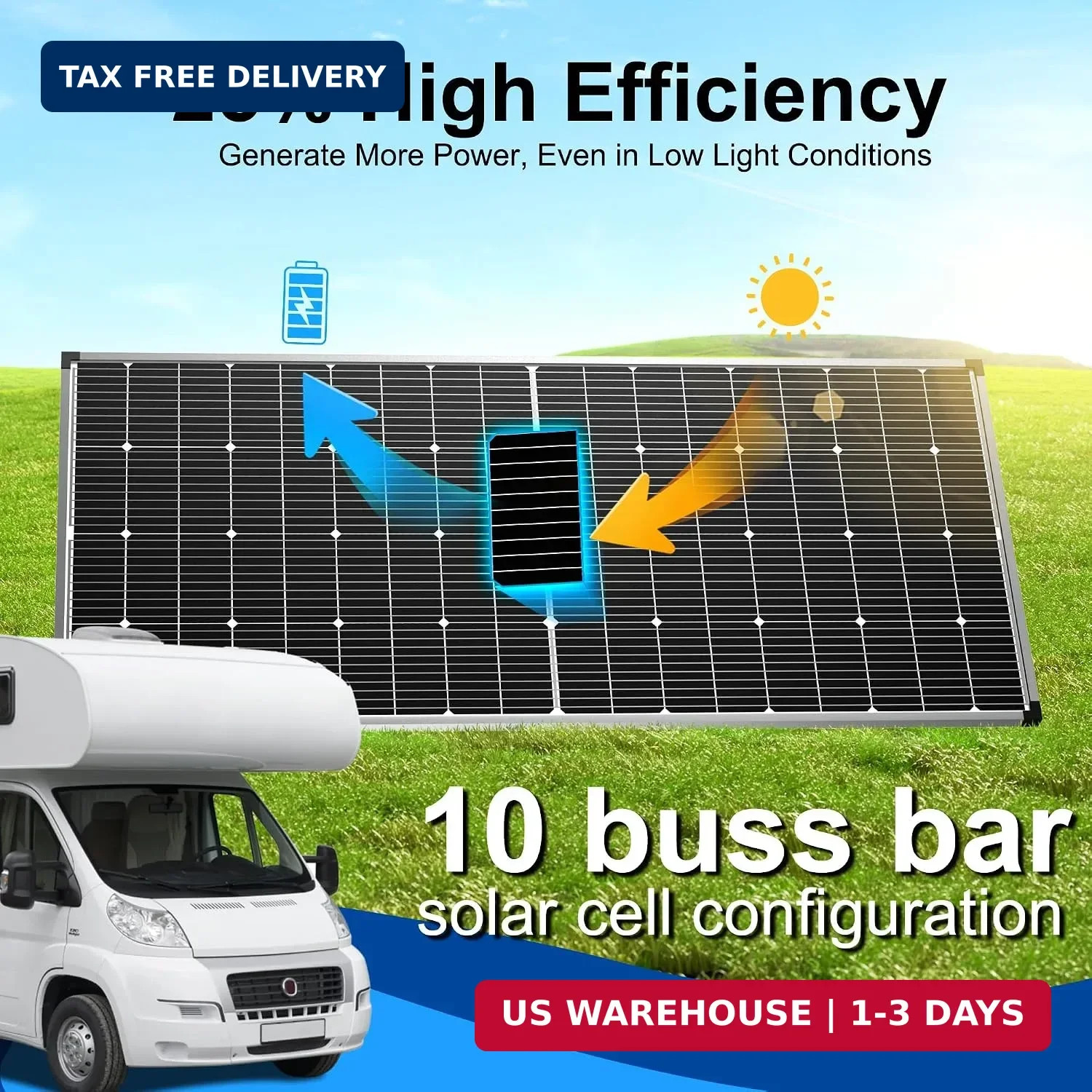 Solar Panel 250W 12 Volt 10BB Cell,Monocrystalline High-Efficiency 250 Watt 12V