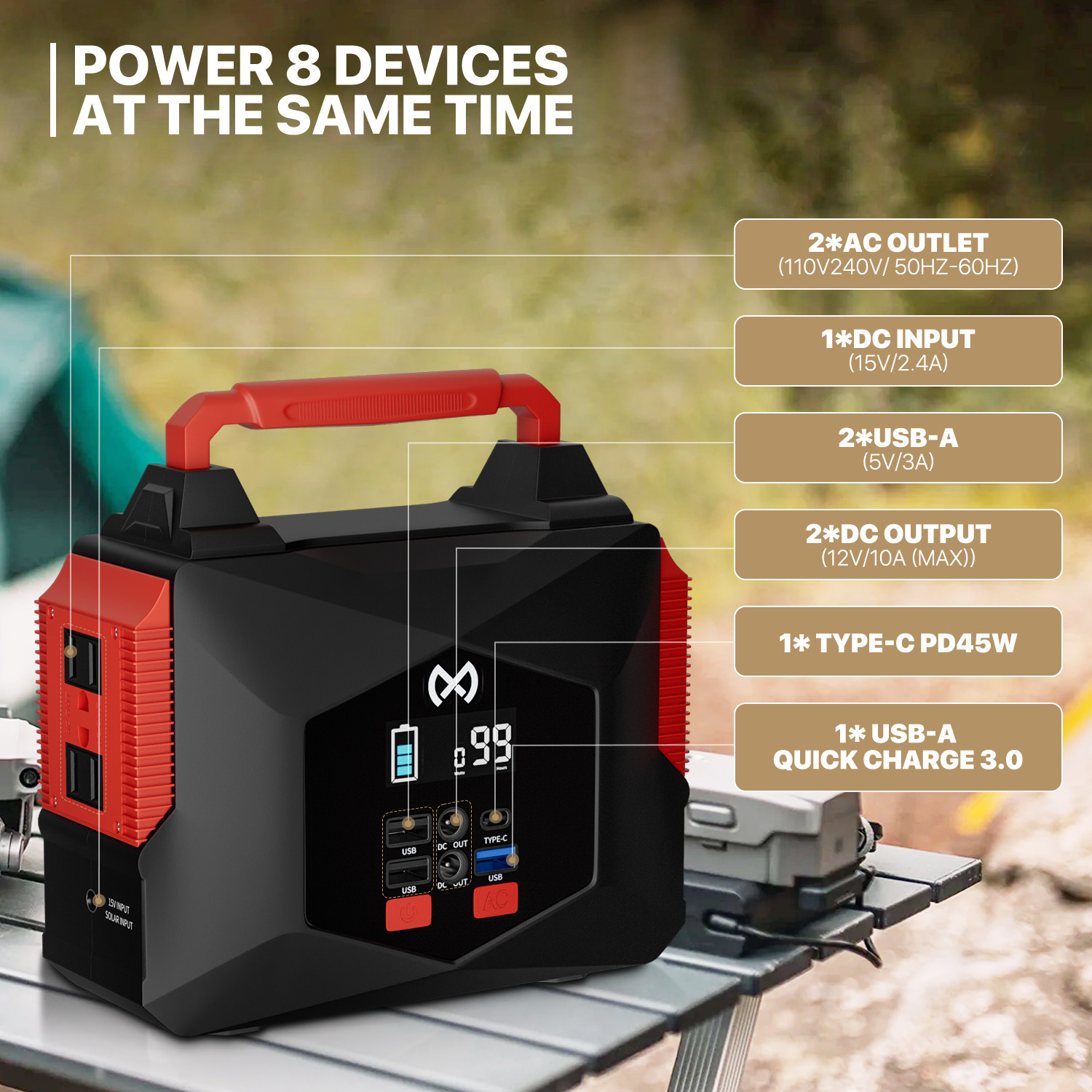 Portable Power Station 250Wh Lithium Battery Camping Solar Generator w/LED Light