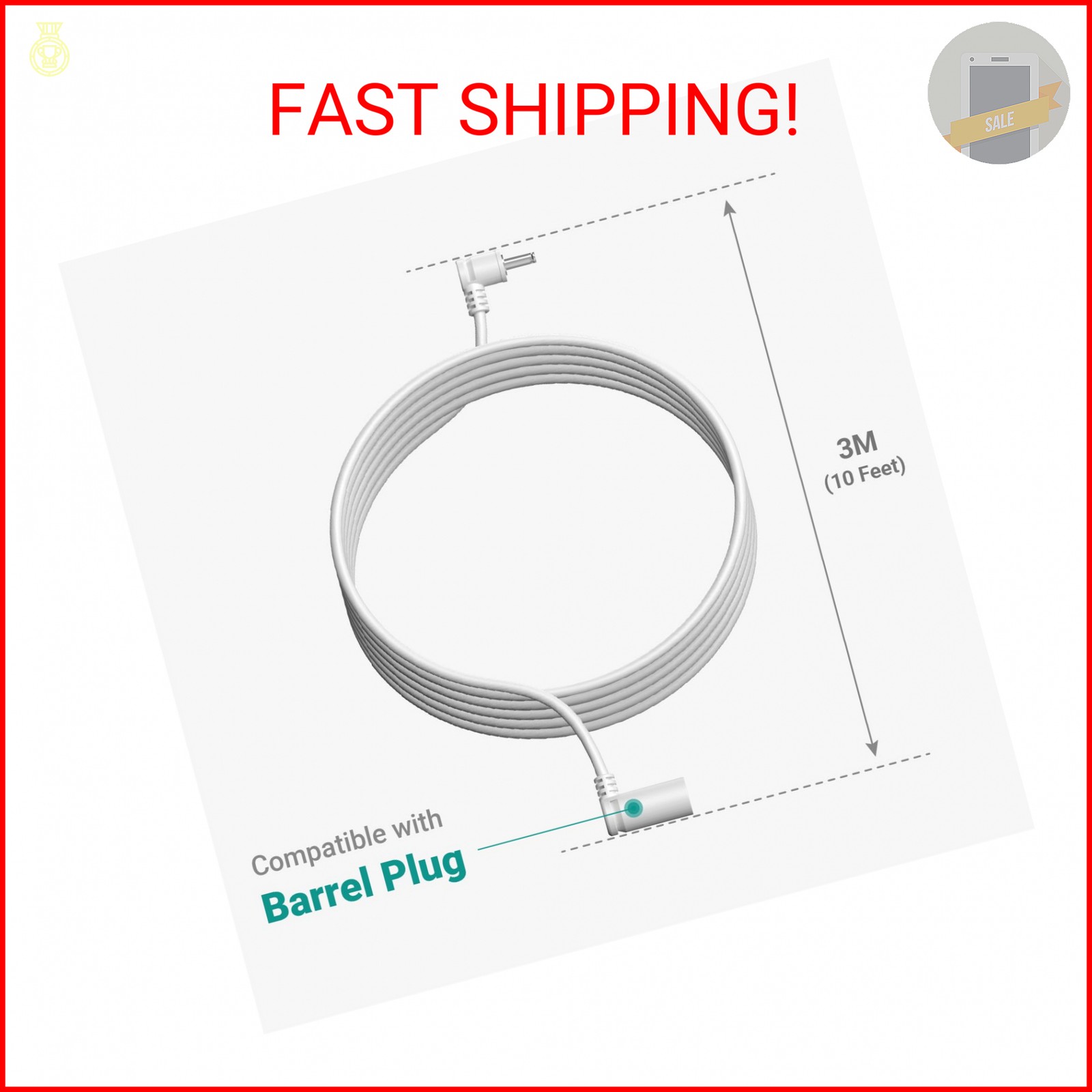10 ft. Barrel Plug Extension Cable – Compatible with Ring Solar Panel and Super
