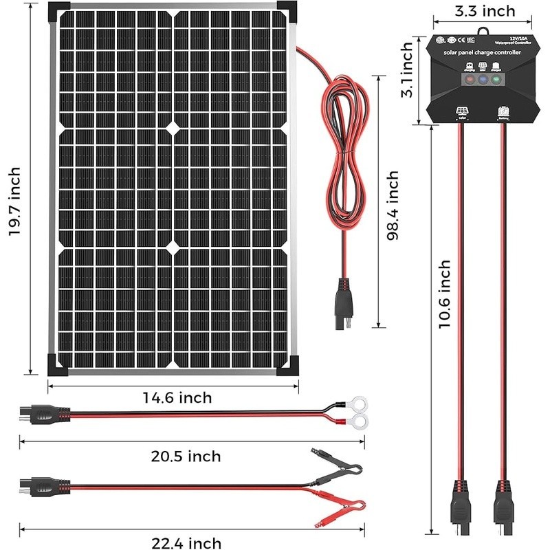 30W Solar Panel Charger MPPT Adjustable Waterproof Durable Battery Maintainer US