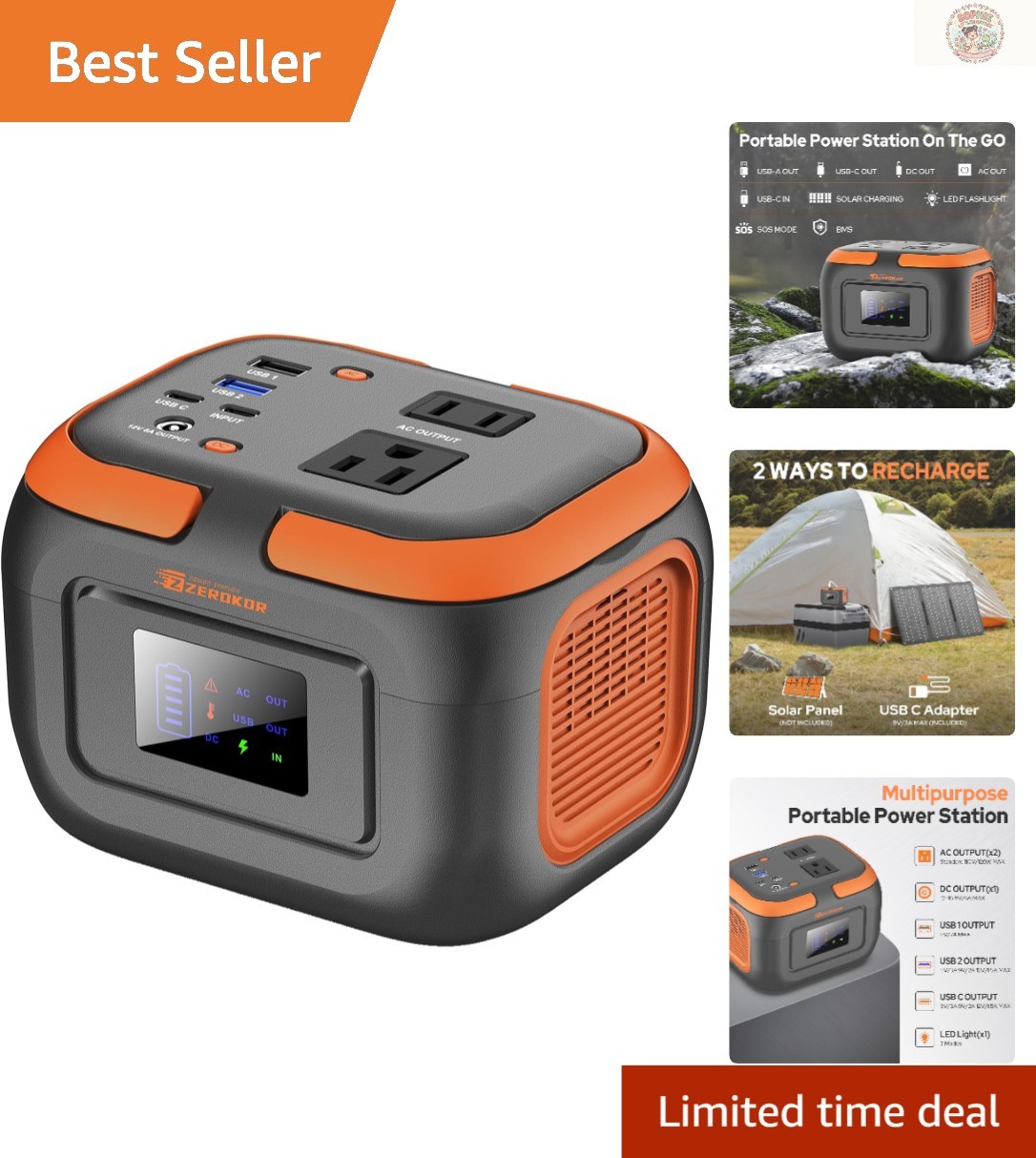 Compact Solar Rechargeable Power Station 120W – LED Flashlight & Multiple Ports