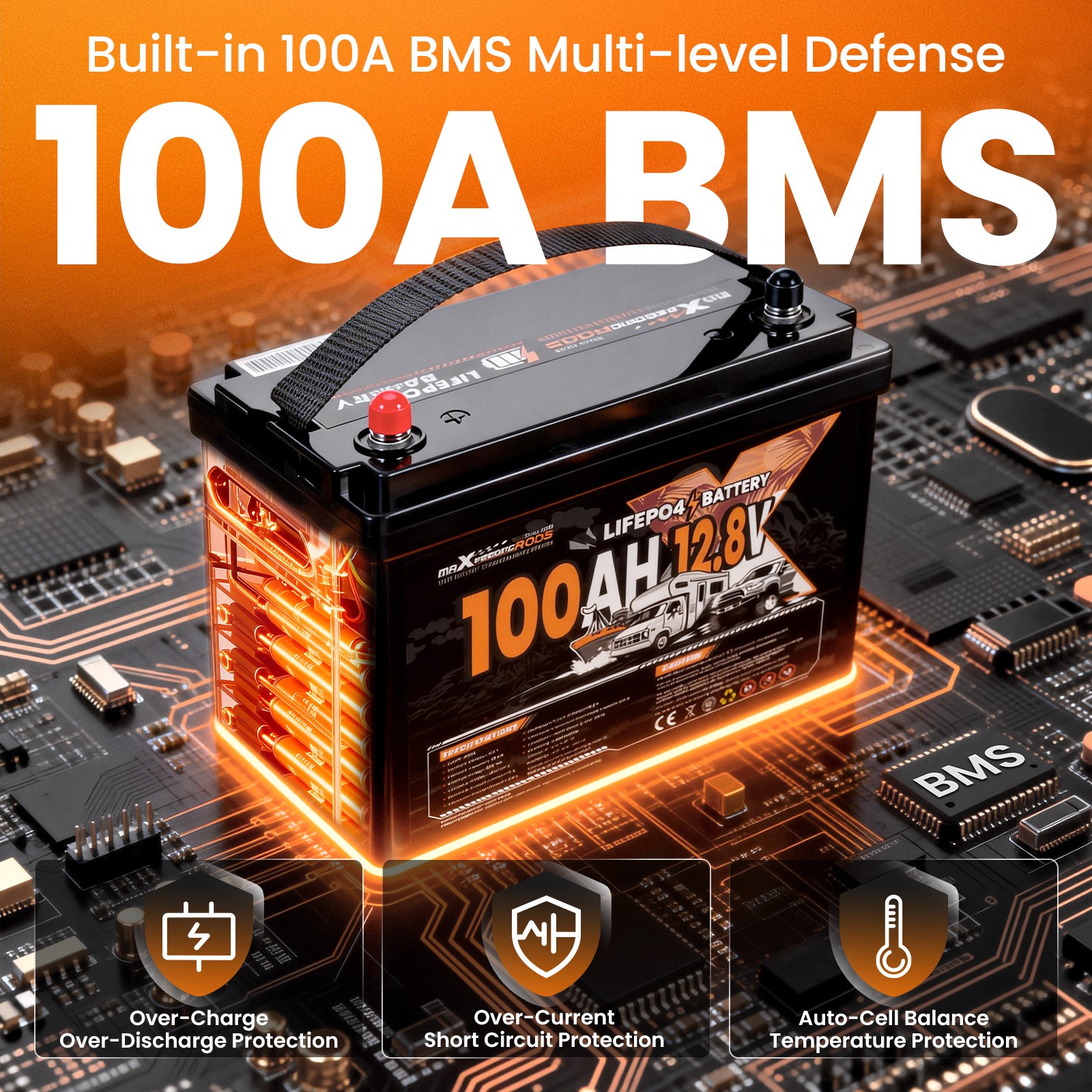 12V 100Ah Deep Cycle Lithium Battery for Boat RV Low Temperature Protection
