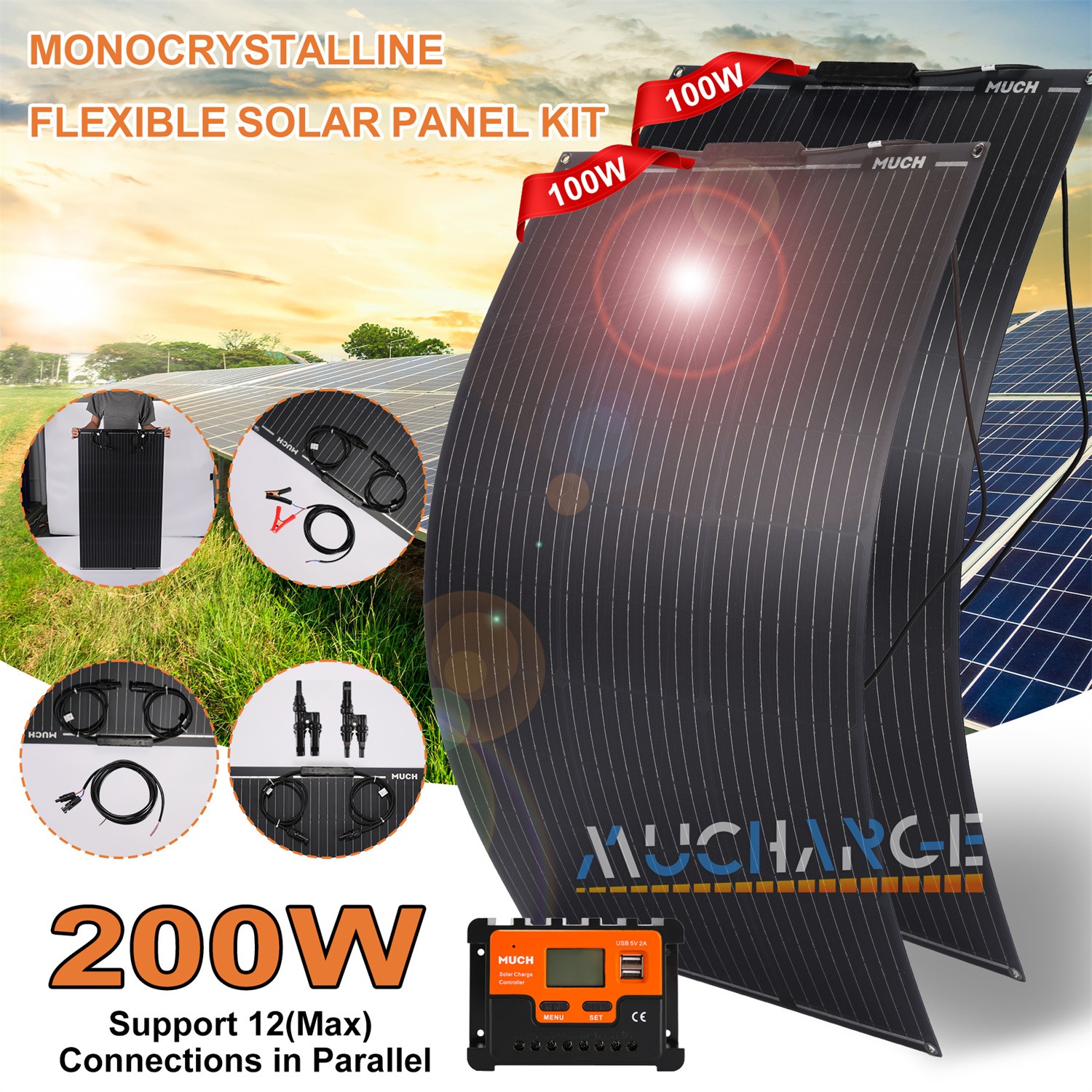 200/400W Flexible Solar Panel Kits Monocrystalline 12V 24V for RV Camping Boat