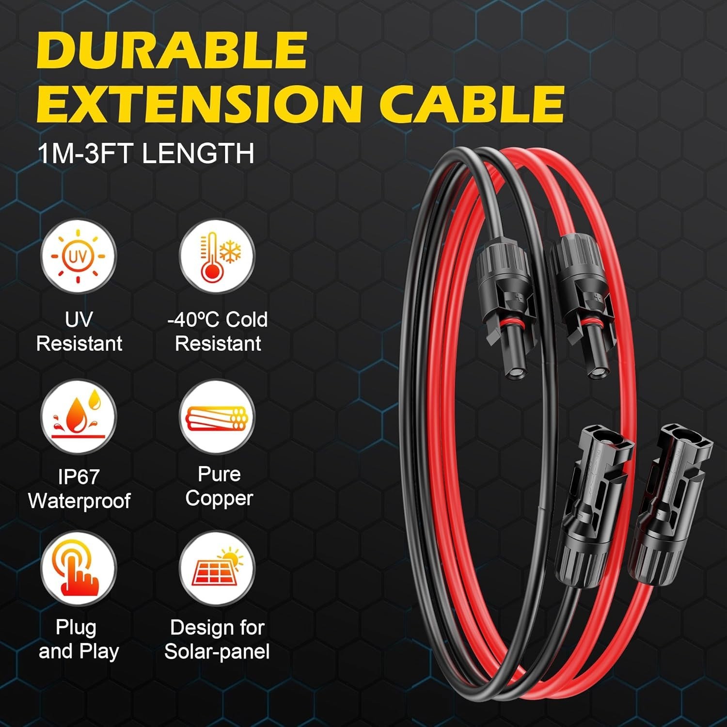Universal 3FT Waterproof Solar Extension Cable – Reliable Red & Black Kit