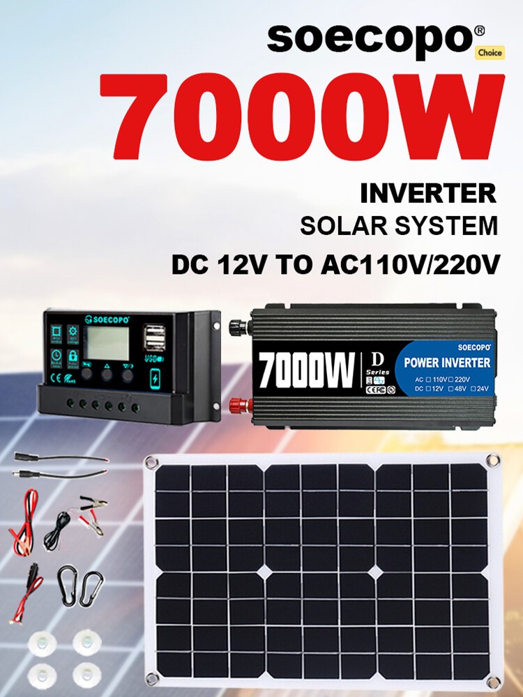 US 7000W Solar Kit 12V 110V Inverter Battery ChargerLighting Camping 500W Panel