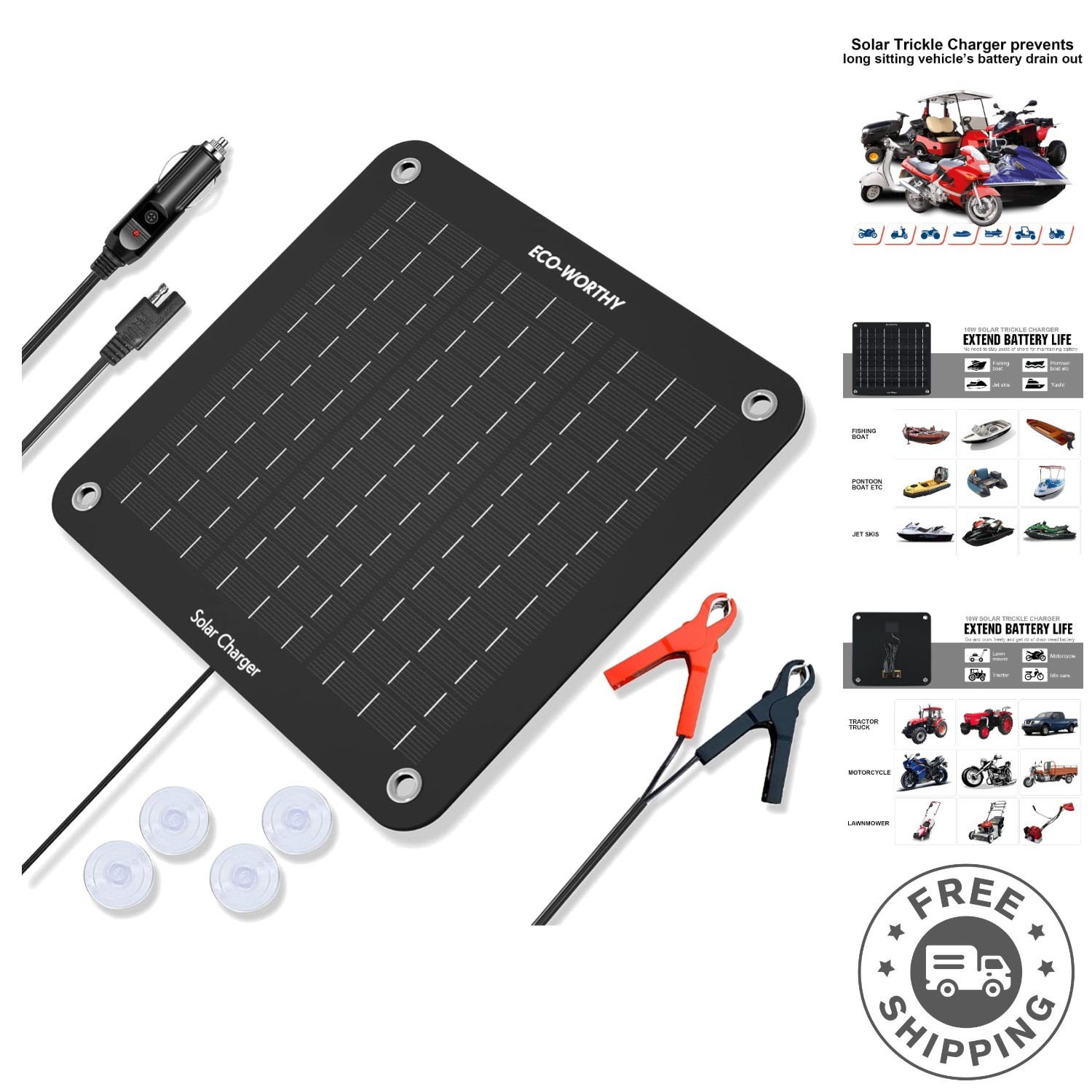 Portable 10W Solar Battery Charger – Protects and Maintains Vehicle Batteries