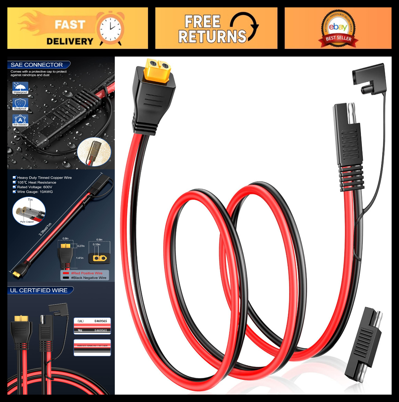 10AWG SAE to XT60 Connector Extension Cable – Solar Charger Adapter Kit for Powe