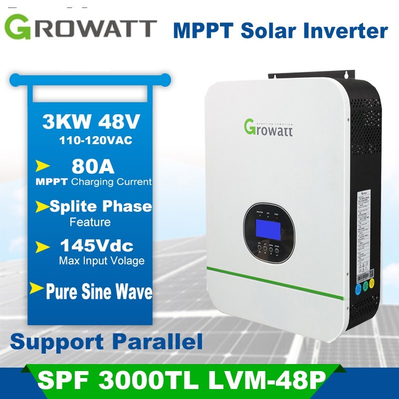 (1) GROWATT 3000 LVM 48P (6) 330W SOLAR PANELS (4) 12V DEEP CYCLE BATTERIES