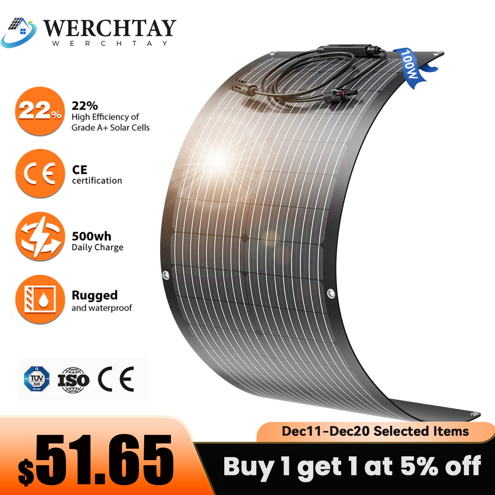 100W Watt Flexible 12V Mono Solar Panel Home RV Rooftop Camping Off-Grid Power