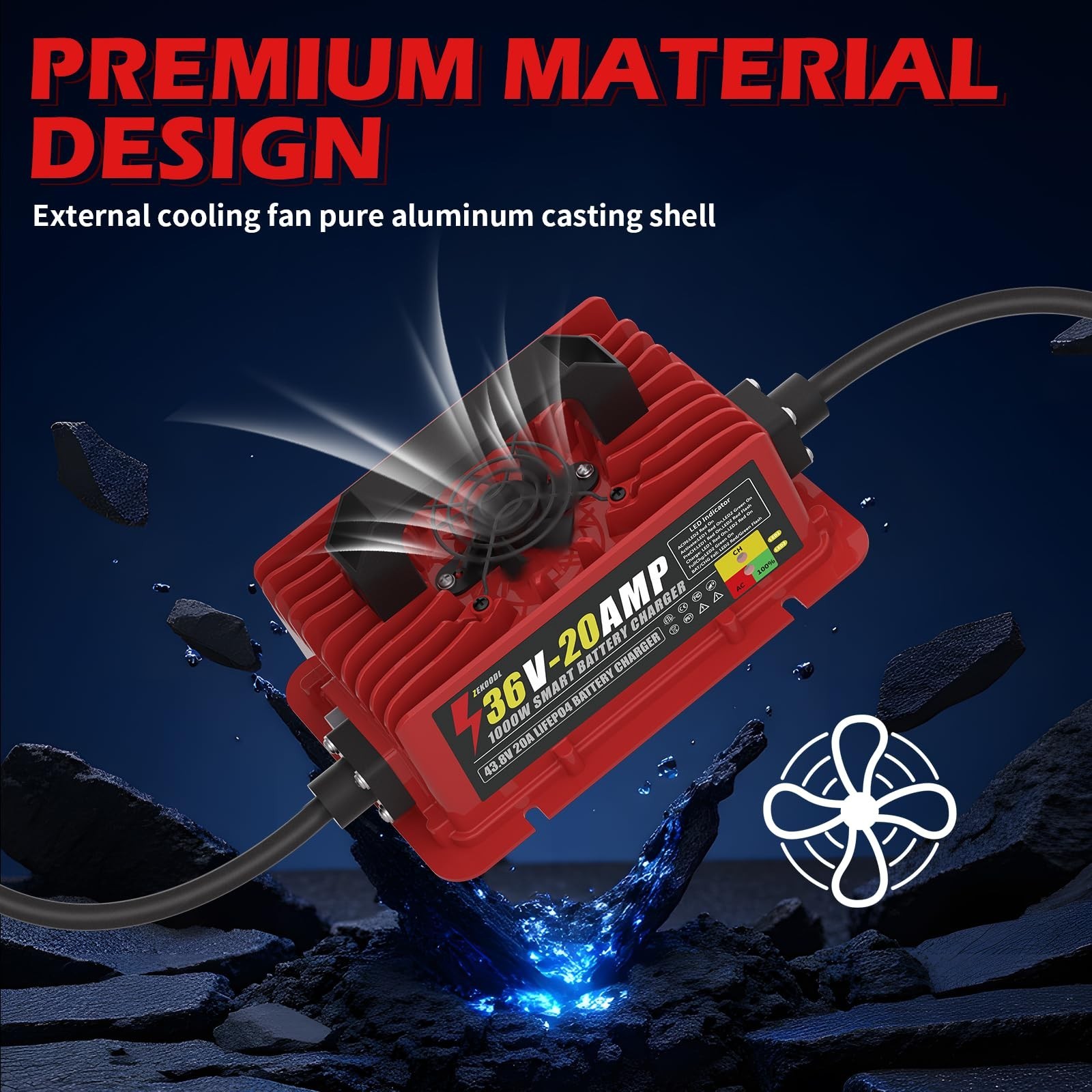 36V Lithium Battery Charger 1000W 20A for LiFePO4, IP67 Waterproof with Cooli…