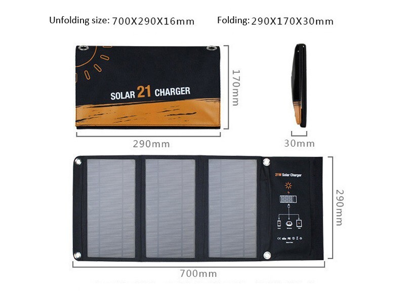 Folding Solar Panel 5V 21W Fast Dual USB Charge Power Bank For Cell Mobile Phone