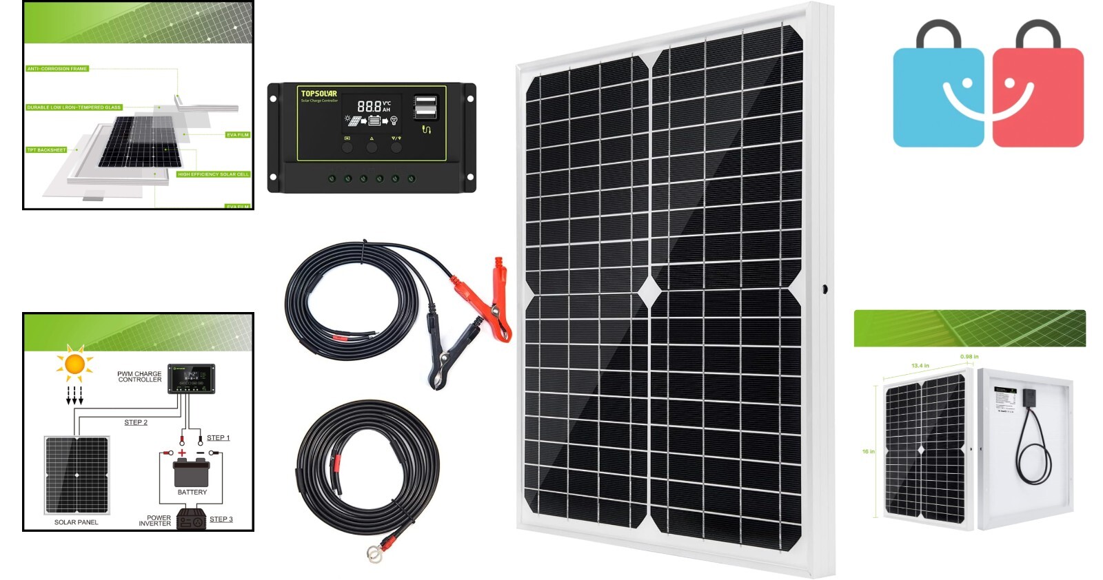 High-Efficiency 20W Solar Charger Kit with Extension Cables for Marine & Camping