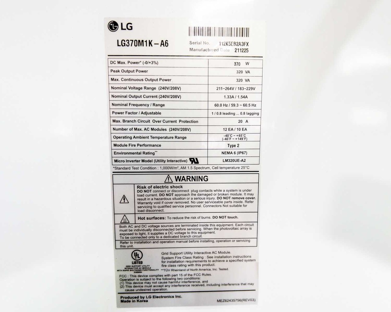 LG LG370M1K-A6 NeON ACe Solar Panel w Micro Inverter 370W 320VA 20 A 60 Cell