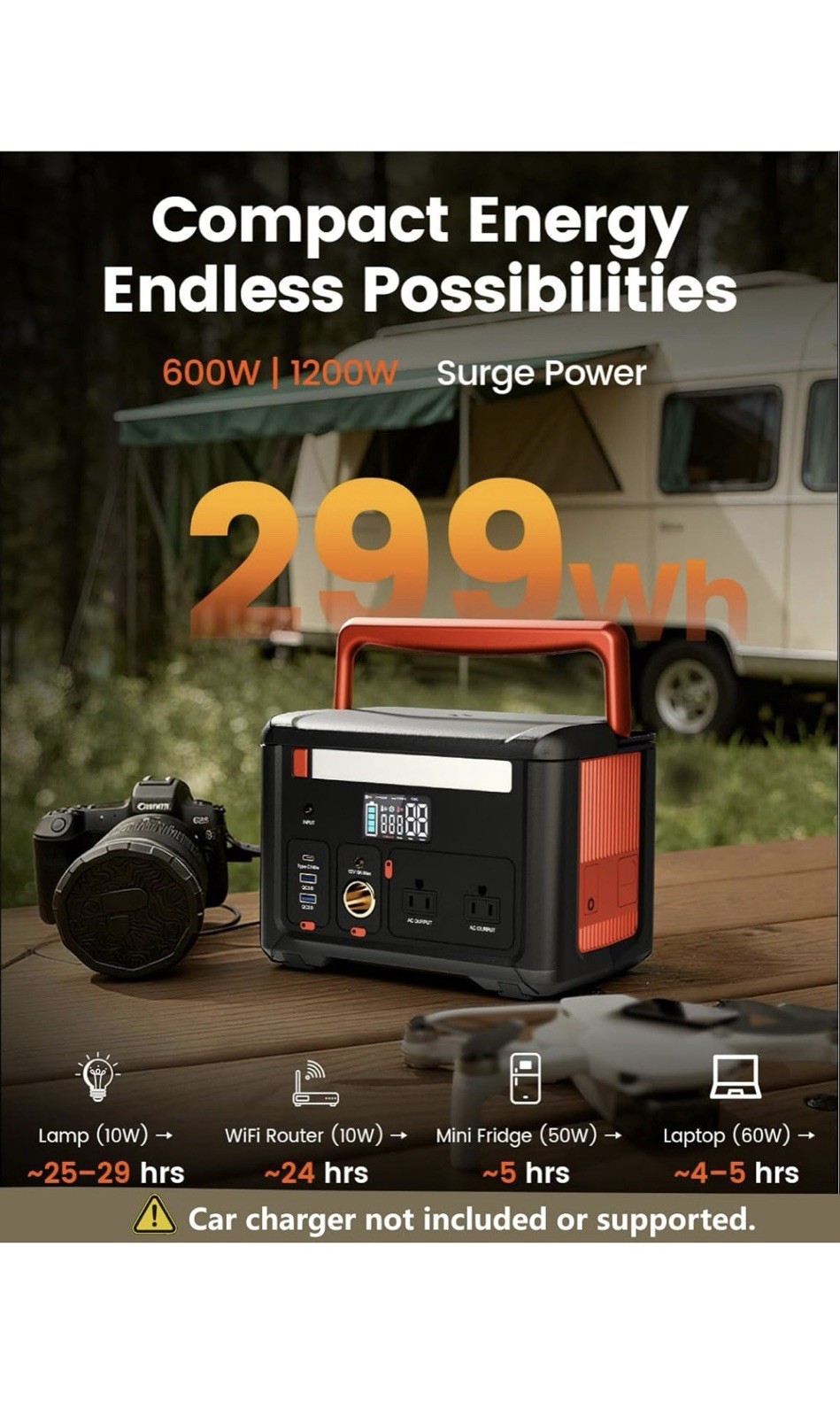 Portable Power Station 600W(1200W Surge), 299Wh Camping Power Station with 2 AC