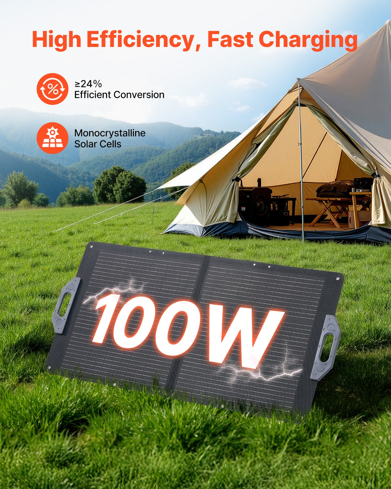 VEVOR 100W Foldable Solar Panel Charger Portable Monocrystalline Solar Panel