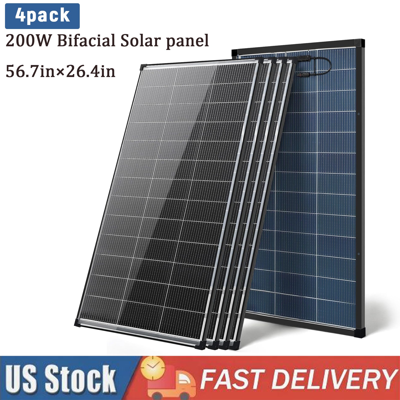 4PCS 200WBifacial N-Type Solar Panel 12V RV Camper Home Off-Grid Storage Battery