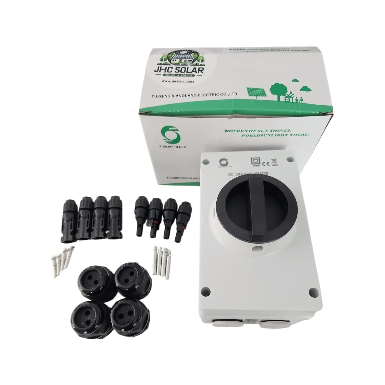 IP66 Outdoor 63A 4P Solar PV DC Isolator Switch, 1500V, 4 Wire Glands & 8 Connec